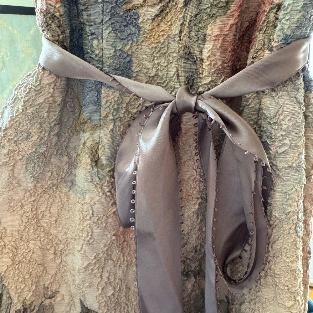 Adrianna Papell Champagne Lace Maxi Dress with Taupe Sash and Pastel Accents - Picture 7 of 9